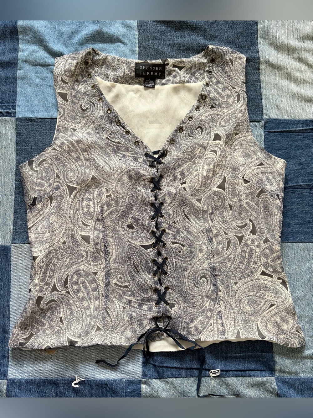 spenser jeremy 100% silk navy paisley tank top lace up grommets size L
